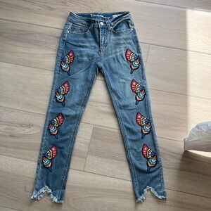 Rocks Blue Jeans with Colorful Butterfly Embroidery